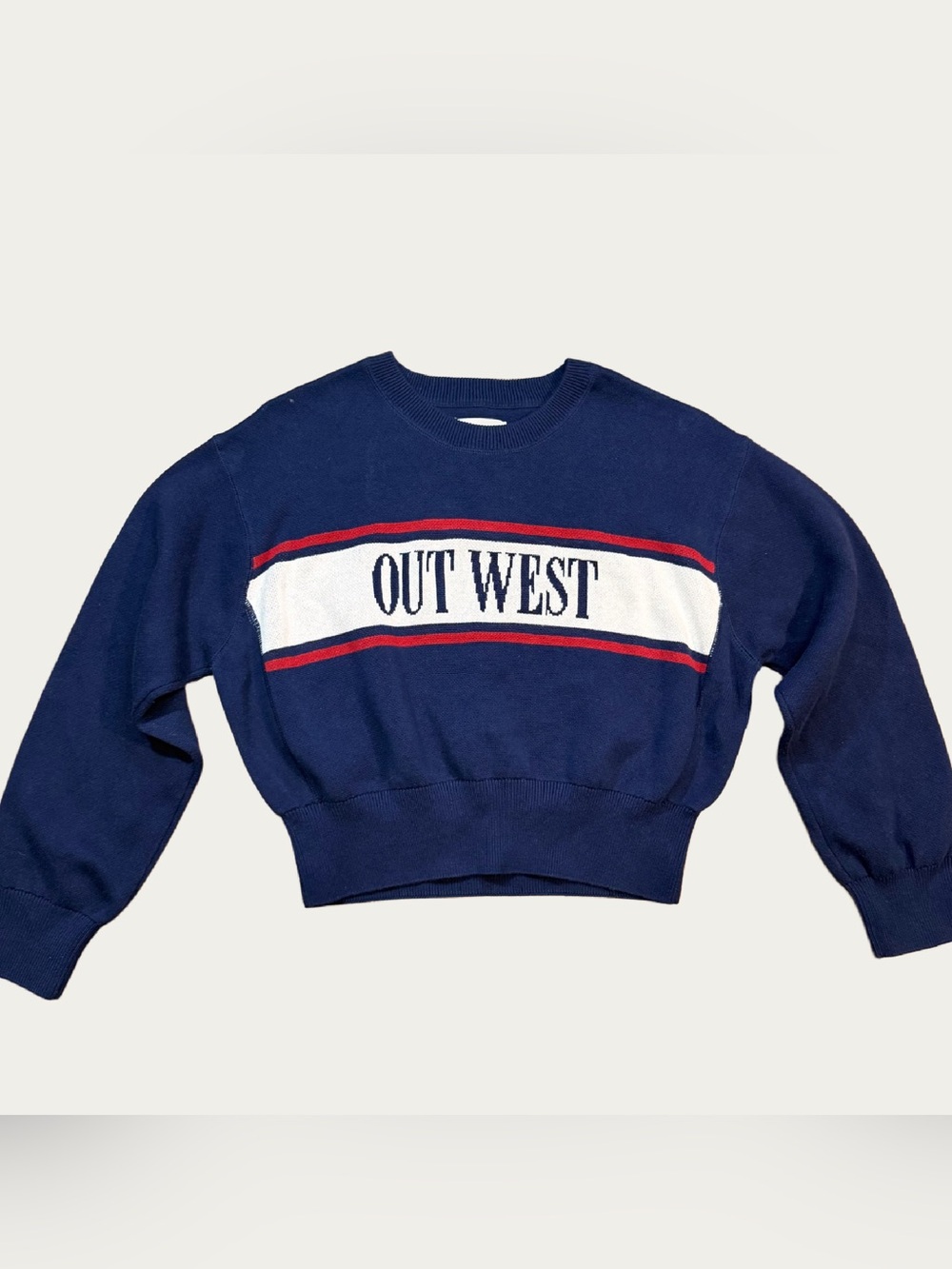 aerie Navy Crewneck Sweater with Out West Panel & Red Stripes